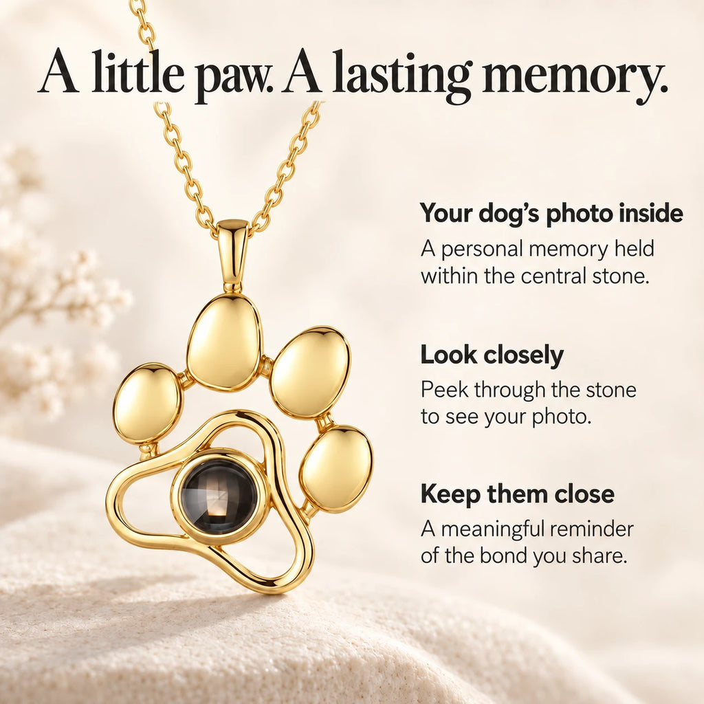 Paw pendant in gold-tone, with notes on how the photo sits inside the stone