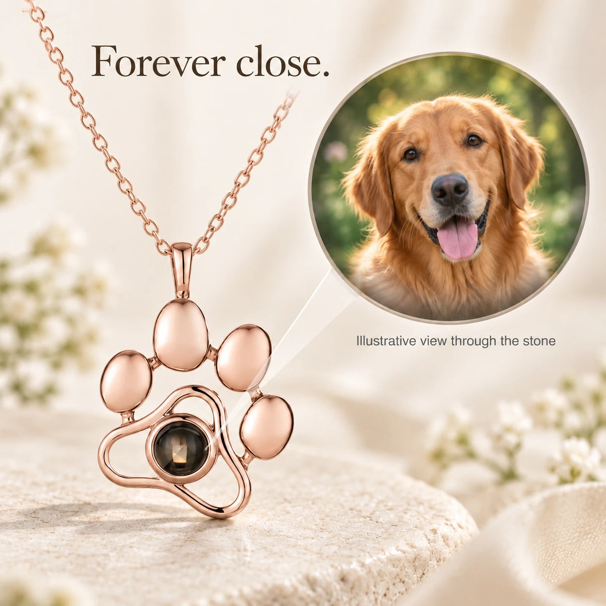 Paw pendant in rose-gold-tone, with an illustrative view of a dog photo through the stone
