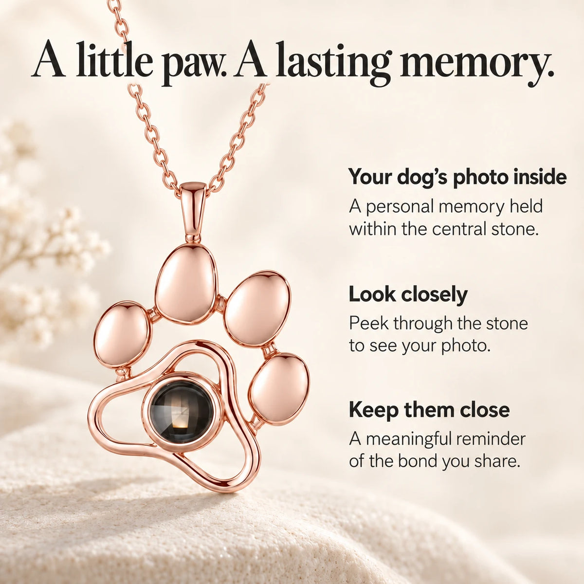 Paw pendant in rose-gold-tone, with notes on how the photo sits inside the stone