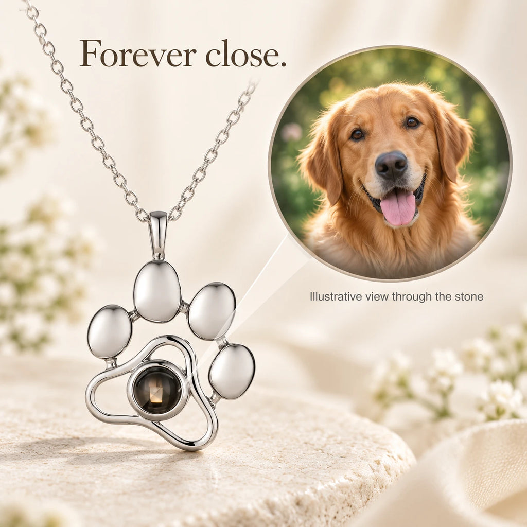 Paw pendant in silver-tone, with an illustrative view of a dog photo through the stone